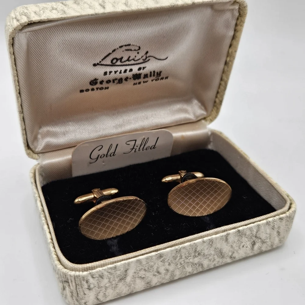 NEW VINTAGE Louis 12K Gold Filled Etched Men's Oval Cufflinks Cuff Links in Box